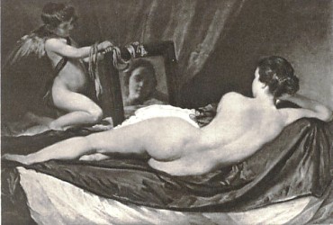 Featured is a postcard image of Rembrandt's photogravure after Velaquez's "The Rokeby Venus" ... an important work in the Nude Art genre.  The original unused postcard is for sale in The unltd.com Store.